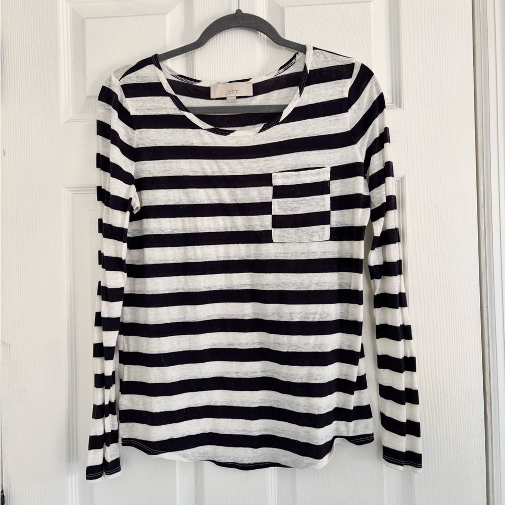 LOFT Navy and White Striped Linen Blend Top